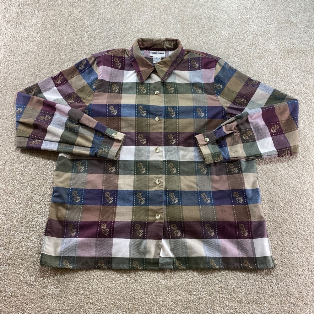 Alfred Dunner Button Down Womens 12 Multi Plaid Floral Jacquard Long Sleeve
